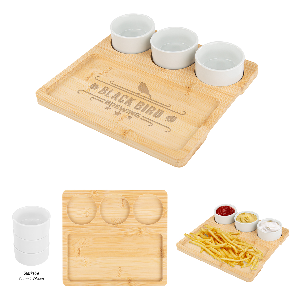 Bamboo Serving Tray With Ceramic Bowls-HIT