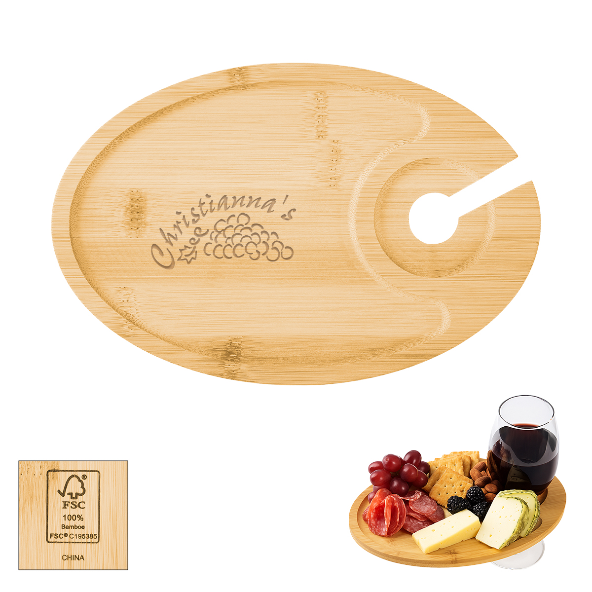 Wine & Dine Recessed Bamboo Tray With Wine Glass Holder - FSC BAMBOO