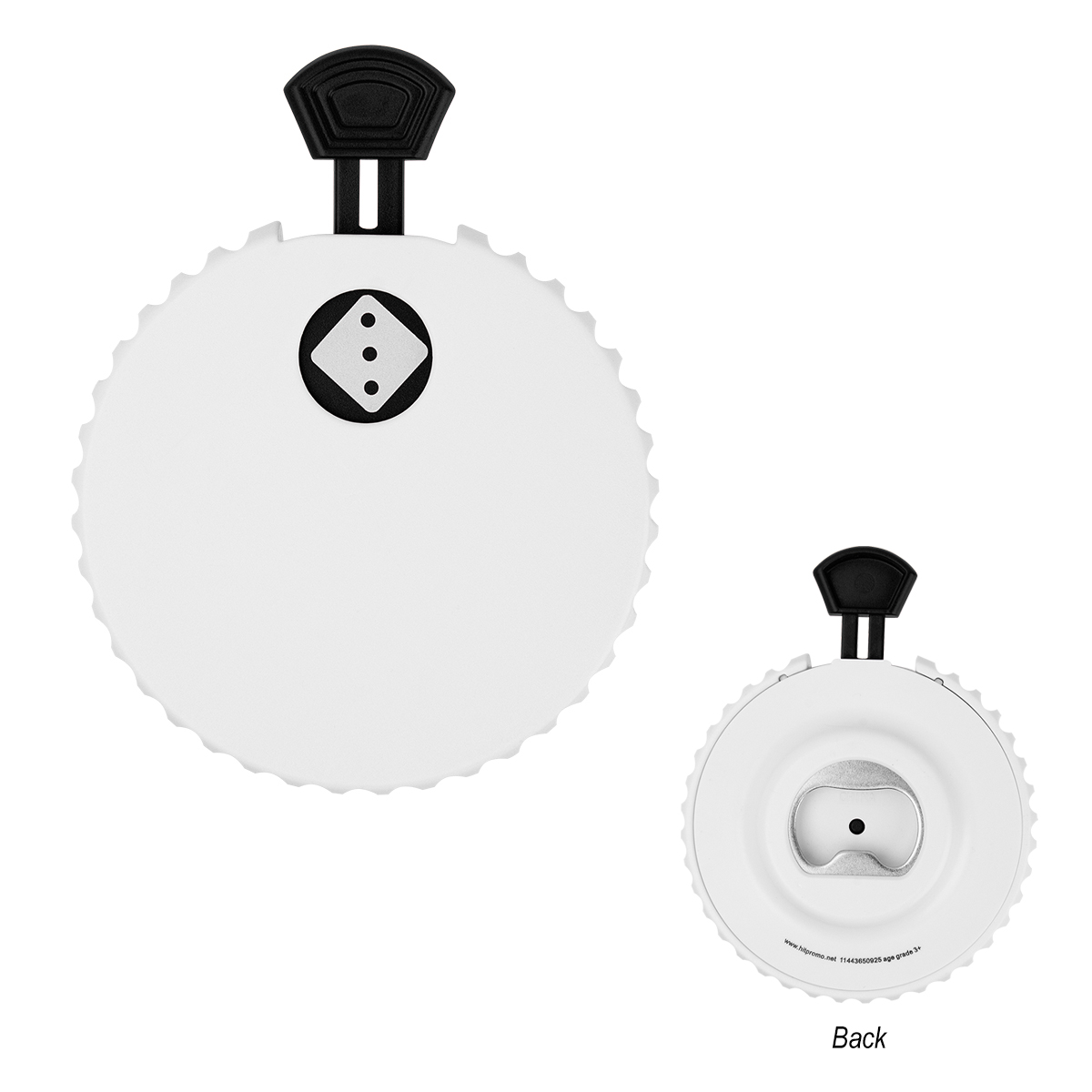 Recycled Dice Clicker Bottle Opener - WHITE WITH BLACK