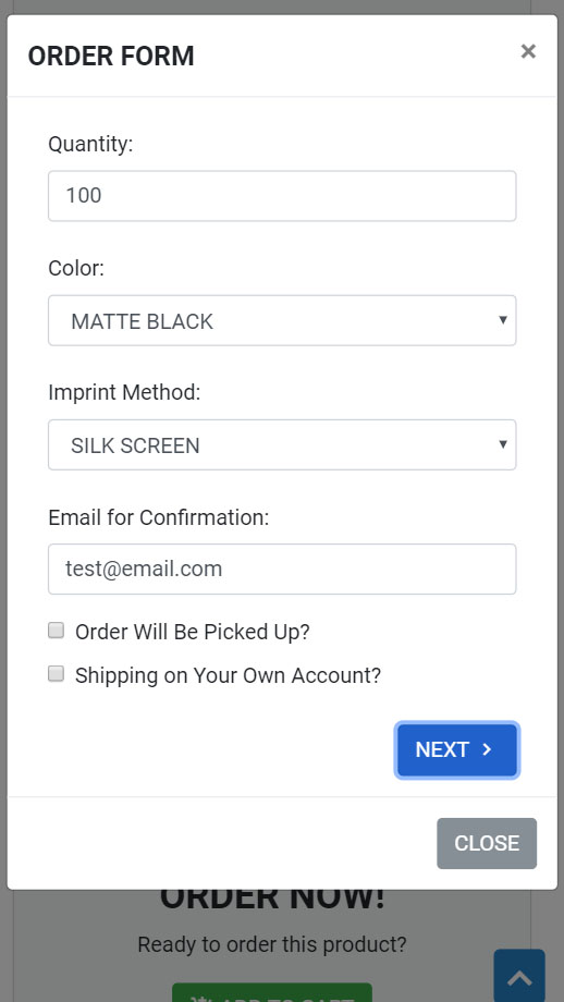 Order form screenshot