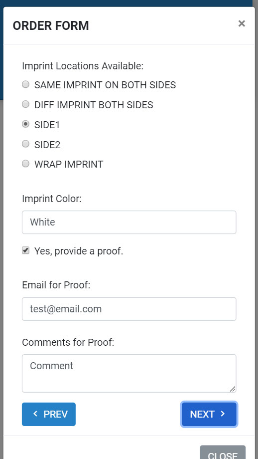 Imprint options and email proof screenshot